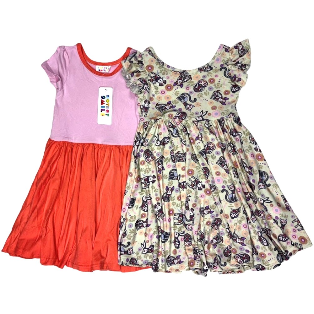 Dot Smile Toddler Girl 3 4 Empire Dress Lot Dog Cat Color Block Cap Sleeve 2pc
